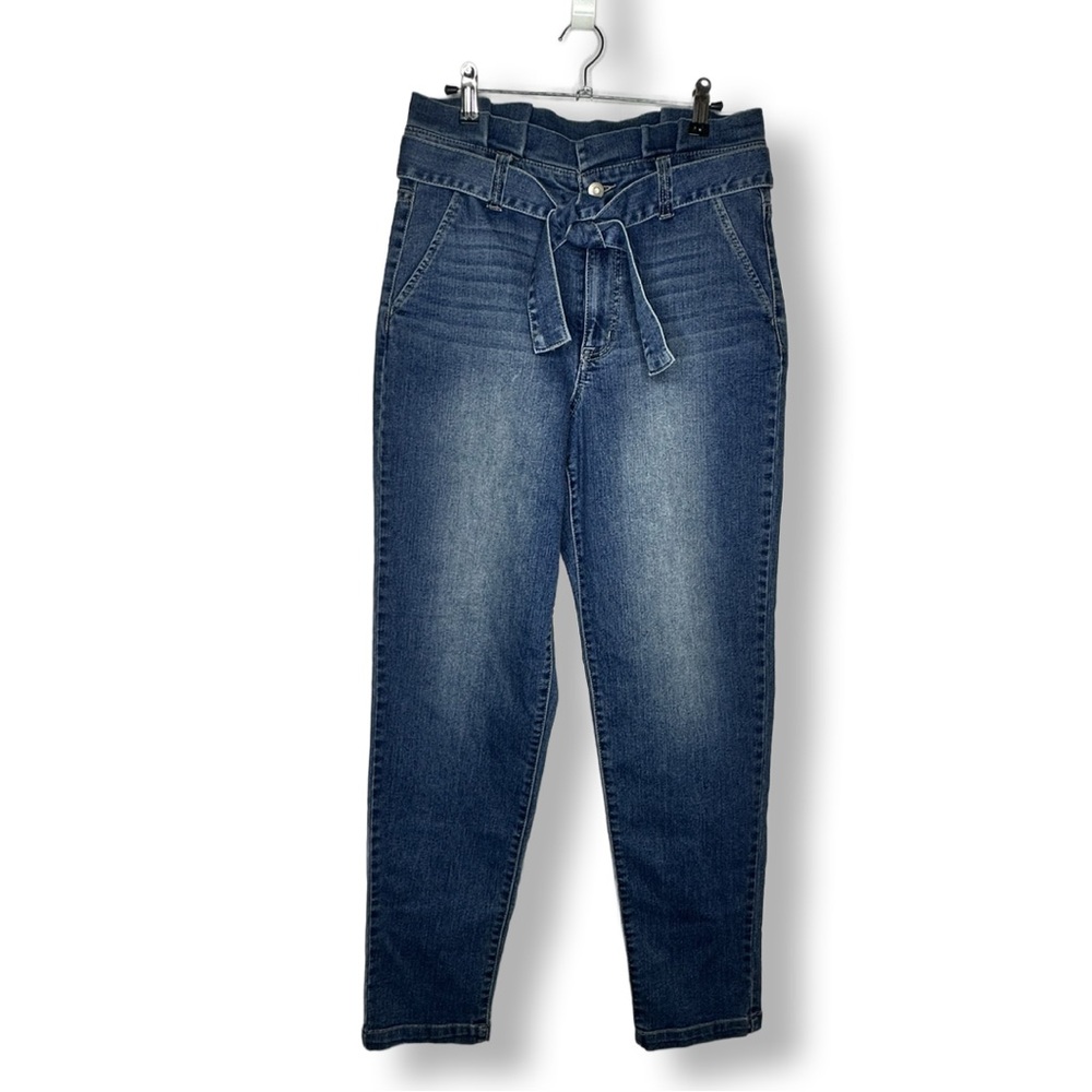 Woman’s ENERGIE Dark Blue Wash High Rise Straight Leg Paper Bag Waist Jeans Sz 9